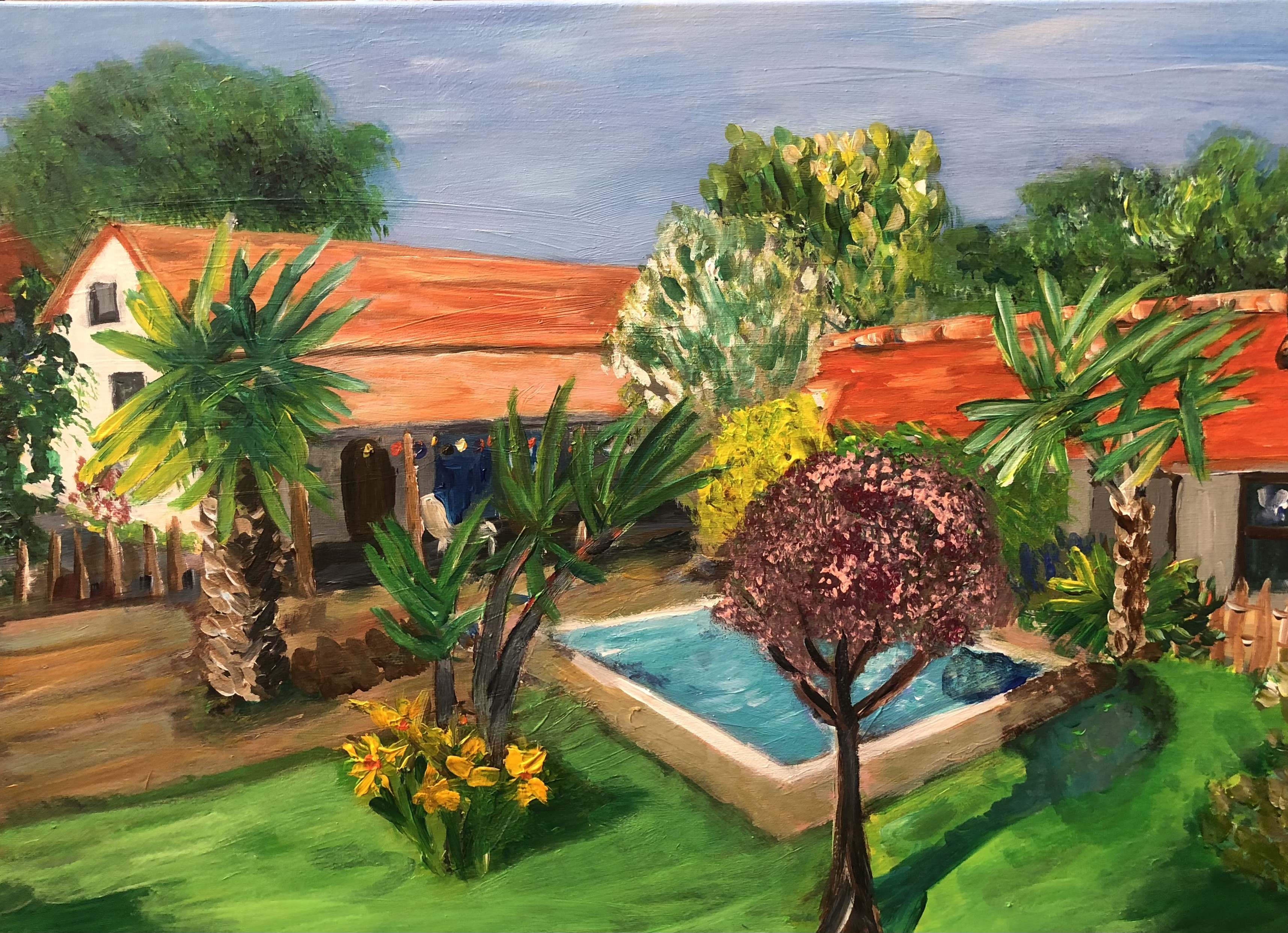 Maison provençale avec jardin et piscine, peinture sur commande, Véronique Françaix