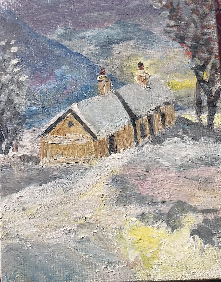 Peinture Finlande, chalets sous la neige, tableau de Véronique Françaix disponible sur Saatchi Art