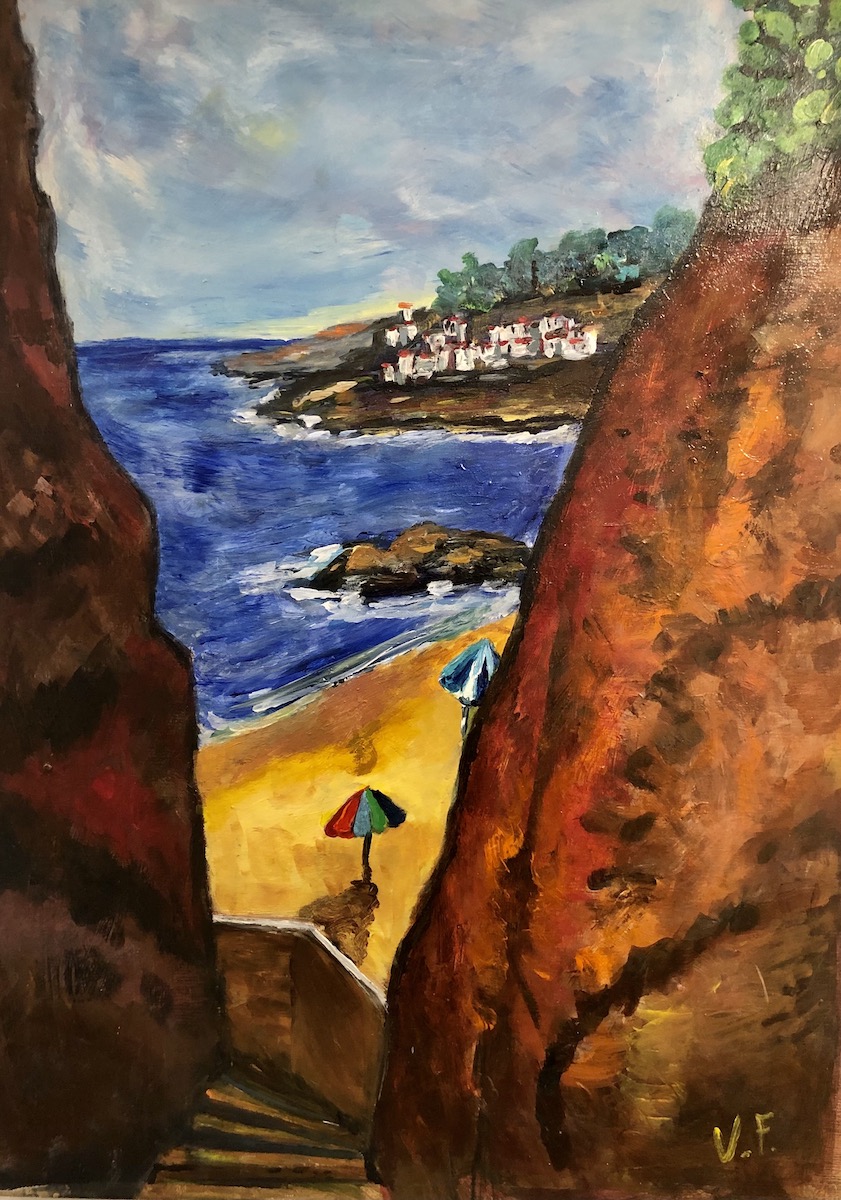 Peinture plage méditerranéenne, crique et parasols, tableau de Véronique Françaix sur Saatchi Art